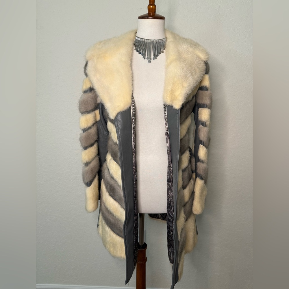 Rare 60’s-70’s Leather & Mink Fur Coat Chevron style
